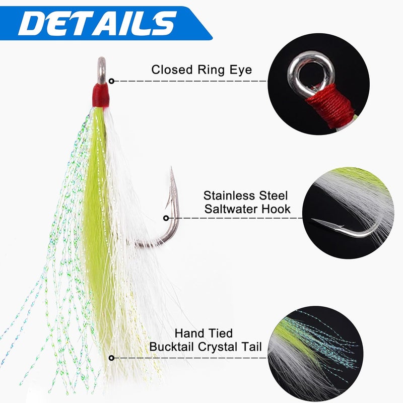 FUSIGO Fishing Bucktail Teasers Hooks Saltwater Flounder Rigs Bottom Rigs Stainless Steel Hook Bucktail Mylar Flash Teasers for Snapper Catfish Cod Flounder Hi-Lo Rigs - Image 2